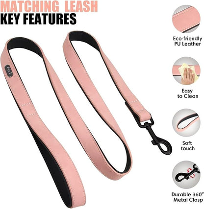Didog Soft Padded Leather Dog Collar and Leash Set,Adjustable Dog Lead and Collar Set with Metal Buckle, Breathable Pink Pet Collars with 4FT PU Leather Leash for Medium Large Dogs, Pink, L