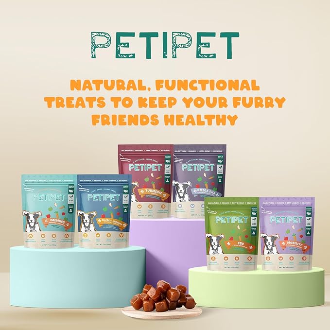 Petipet Calming Chews for Dogs - Plant-Based Calming Supplement w/Melatonin+Chamomile - Calming Aid Soft & Chewy Treats for Relaxing, Stress, Separation, Anxiety Relief, Puppies, Small & Large Breeds