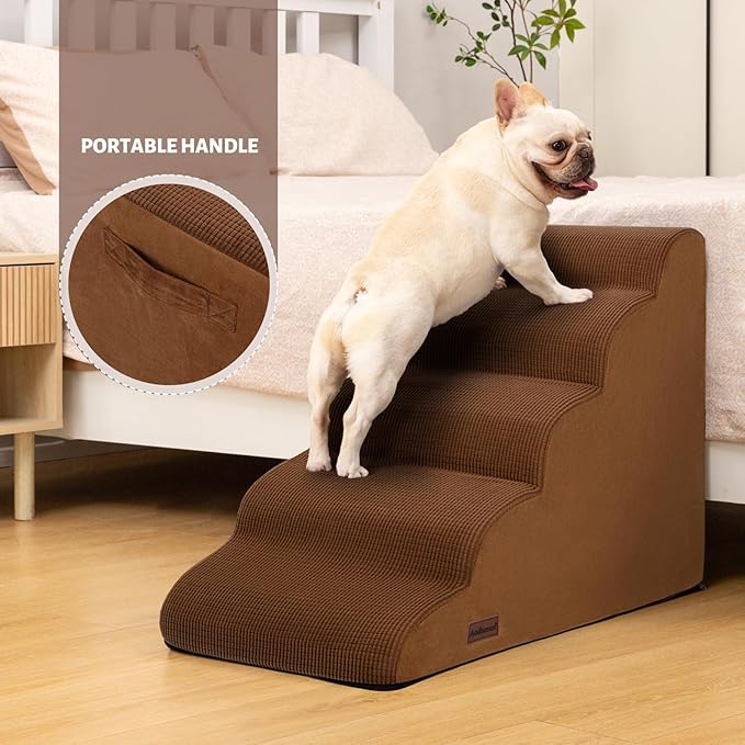 Aodisman 5-Step Dog Stairs and Ramp for High Bed,Non-Slip Sturdy Pet Steps for Small Dogs and Cats,22.2" H,Brown