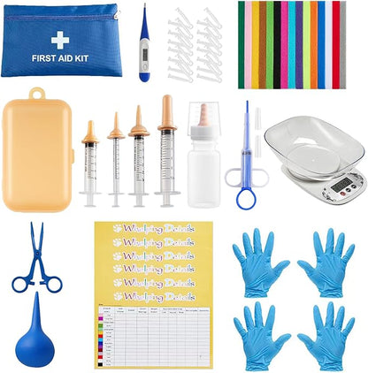 52pcs Puppy Whelping Supplies,Whelping kit,Puppies Birth,Kitten Dog Supplies,Puppy kit,Bottle Feeding kit for Newborn Puppy, Puppy Whelping Collars,Tube,Cord Clamps,Gloves,Digital Thermometer Scale