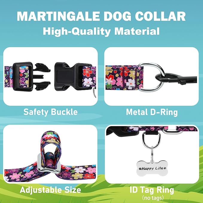 Reflective Martingale Collar for Dogs with Buckle Pretty Fancy Female Floral Dog Collars (Japanese Blossoms, Medium)