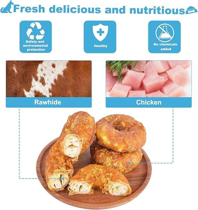 Dog Treats Long Lasting for Large Dog Clean Teeth Chicken Wrapped Rawhide Donuts 0.5lb/227g