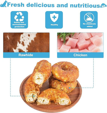 Dog Treats Long Lasting for Large Dog Clean Teeth Chicken Wrapped Rawhide Donuts 1lb/454g