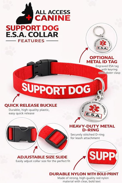 Service Dog Collar & Emotional Support Animal (ESA) Collar with Metal ID Tag + 3 Information Cards – Adjustable Heavy-Duty Nylon | ALL ACCESS CANINE