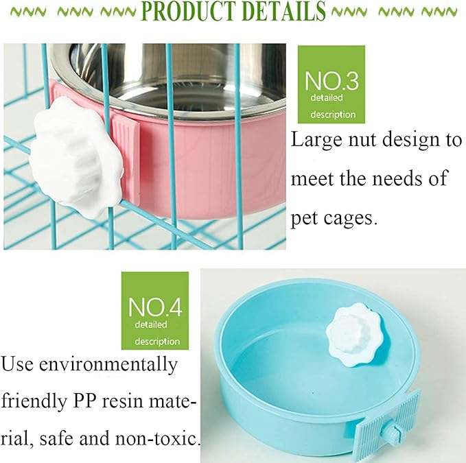 kathson Crate Dog Bowl, Removable Stainless Steel Hanging Pet Cage Bowl Food & Water Feeder Coop Cup for Cat, Puppy, Birds, Rats, Guinea Pigs (3 PCS, Size: M, Blue, Green, Pink)