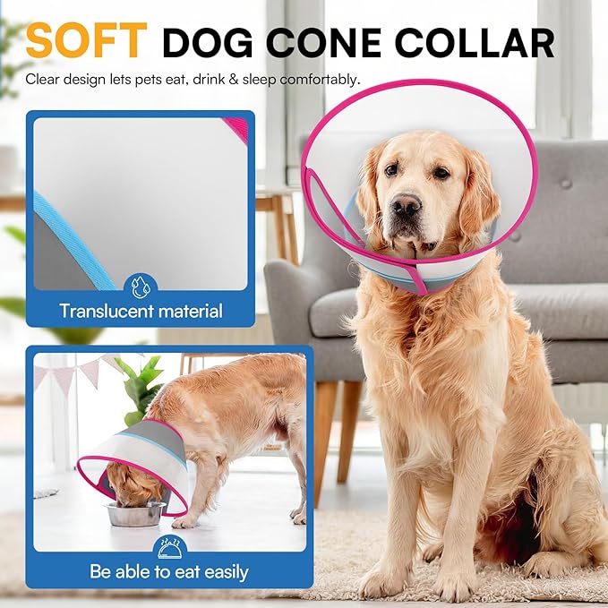 Queenmore Dog Cone - Soft Cone for Dogs to Stop Licking Transparent Elizabeth Recovery Collar for Large Dog Flexible Plastic Cones for Dogs After Surgery, Normal Eating and Drinking, Rose Red Large