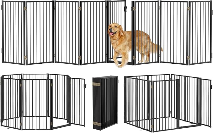 Metal Freestanding Dog Gates with Door for Outdoor Indoor,160'' Extra Wide 36'' Tall Free Standing Dog Gate for Doorways,Large Openings,Deck,Yard,Porch,Foldable Pet Fence(Black,8 Panels)