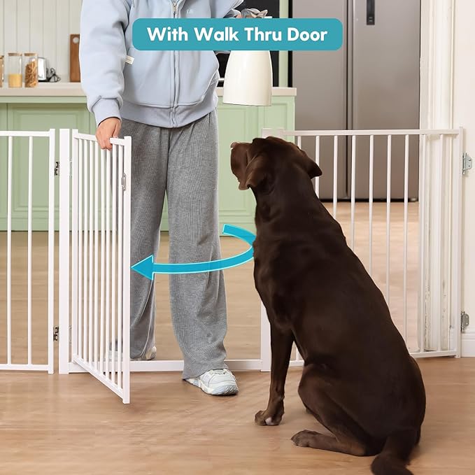 No Pawblems Free Standing Dog Gate with Door, 30'' Tall Foldable Dog Fence for Indoor & Outdoor, Up to 104 Inch Extra Wide Puppy Gate for Stairs, Hallways, Doorways, Deck, Yard (White, 4 Panels)