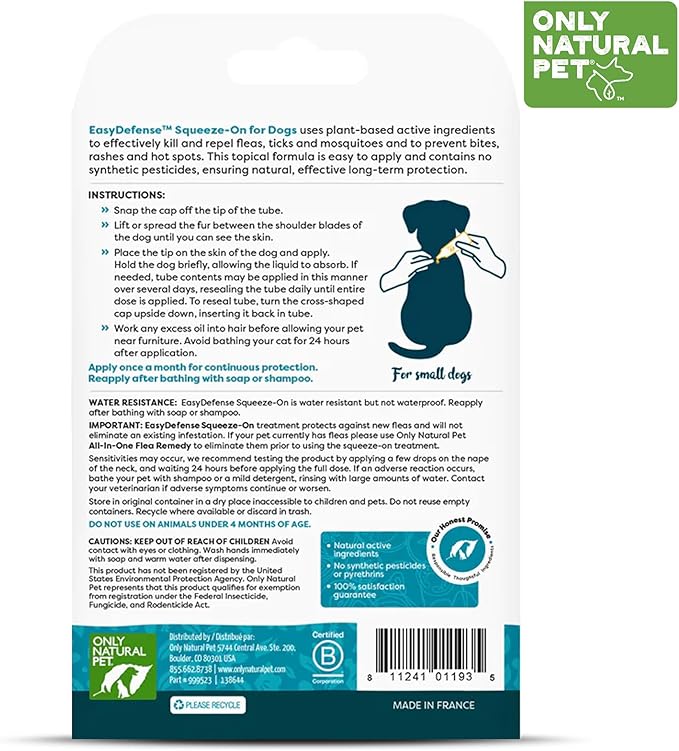 Only Natural Pet EasyDefense Flea & Tick Prevention for Small Breed Dogs (up to 15 lbs) - Natural Herbal Control, Squeeze-On Drops - Protects up to 3 Months (S Sqz.)