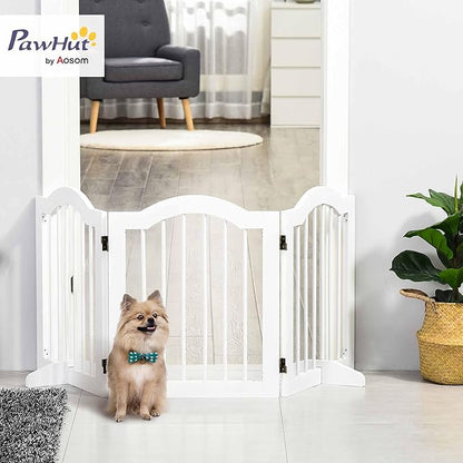 PawHut Freestanding Pet Gate for Dogs 24" Tall Foldable Dog Gates Indoor Wooden Barrier 3 Panels with 2 Support Feet, for Doorway Stairs, White