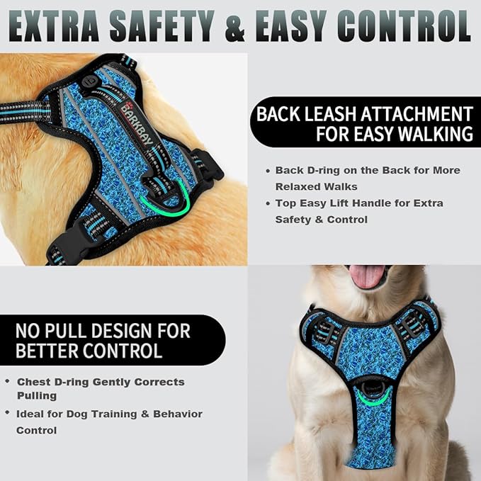 BARKBAY No Pull Dog Harness Large Reflective Dog Harness with Front Clip and Easy Control Handle for Walking Training Running with ID tag Pocket(Blue/Black,XL)