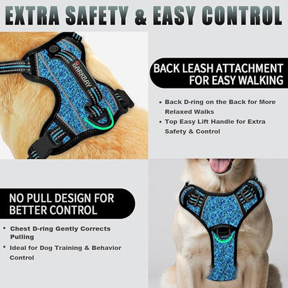 BARKBAY No Pull Dog Harness Large Reflective Dog Harness with Front Clip and Easy Control Handle for Walking Training Running with ID tag Pocket(Blue/Black,XL)