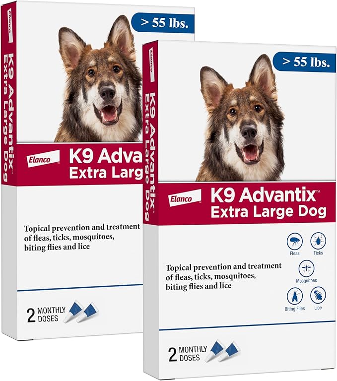 K9 Advantix Flea, Tick & Mosquito Prevention for Dogs Over 55 lbs. | Flea Drops for Extra Large Dogs | Apply Monthly | 4 Treatments (Pack of 2)