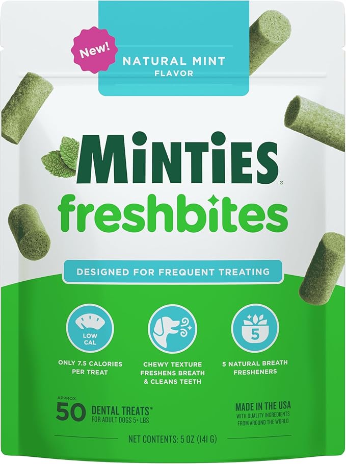 Minties FreshBites Soft and Chewy Dental Treats, Low Calorie Natural Mint Flavored Dental Chews for Dogs, 50 Count, Dog Chews Clean Teeth, Fight Bad Breath, Removes Plaque and Tartar