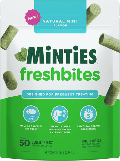 Minties FreshBites Soft and Chewy Dental Treats, Low Calorie Natural Mint Flavored Dental Chews for Dogs, 50 Count, Dog Chews Clean Teeth, Fight Bad Breath, Removes Plaque and Tartar