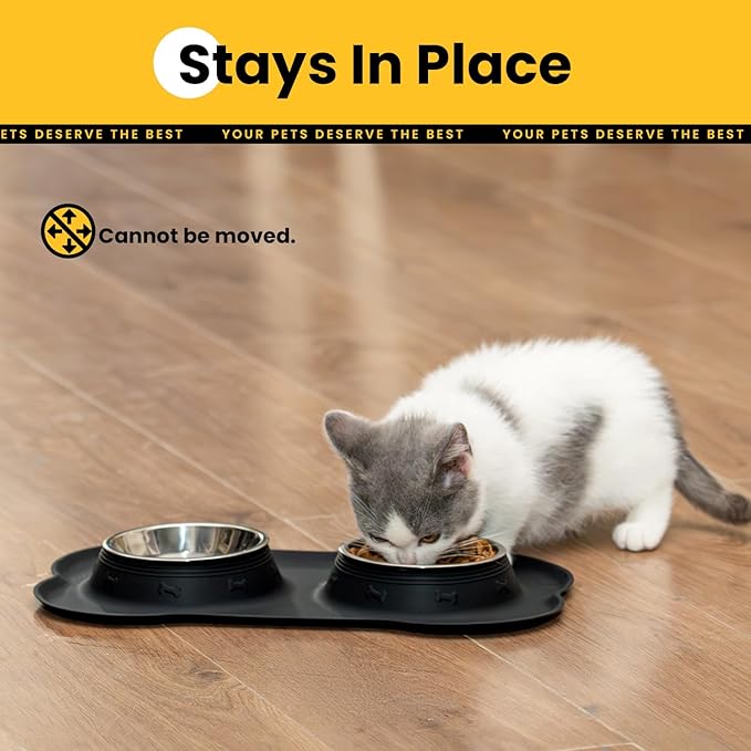 Conlun Dog Bowls with Silicone Feeding Mat, No Spill Food Water Dish Set, Dishwasher Safe, 2 Stainless Steel Puppy Bowls, Suitable for Tiny Dogs Kittens Cats Rabbits Pets under 8lbs, Extra Small,Black