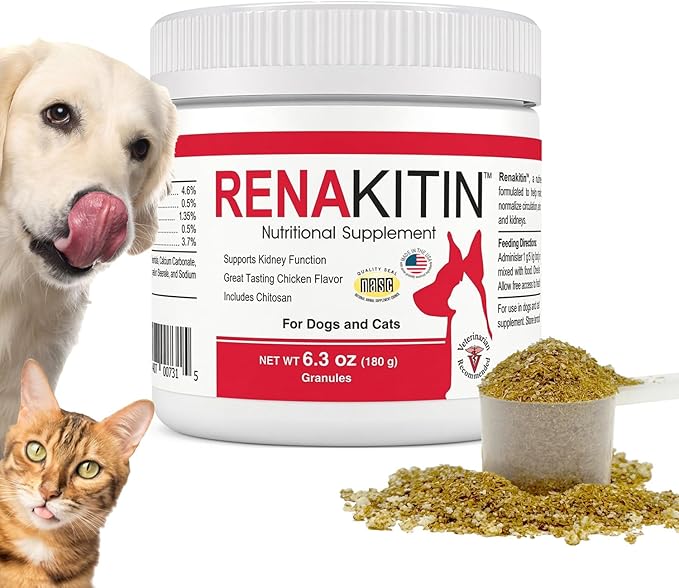 Renakitin Kidney Supplements for Dogs Cats - Contains Chitosan & Calcium Carbonate, Support Optimal Kidney Function, Great Tasting Chicken Flavor, 6.3 oz