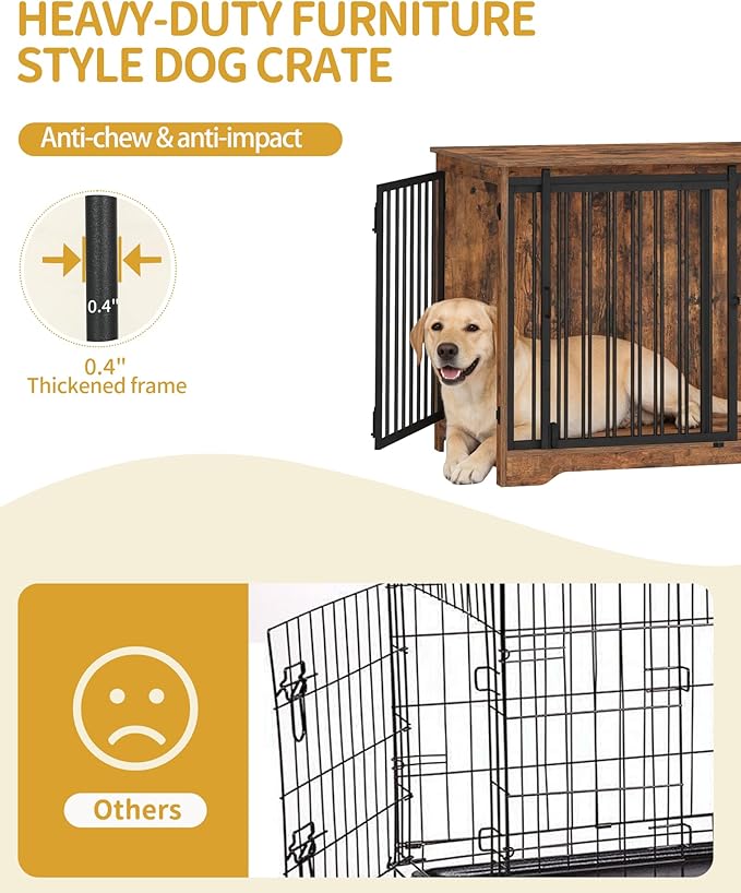 Hzuaneri 43.3" Dog Crate Furniture with Barn Door, Heavy Duty Dog Kennel Indoor with 2 Doors, Wooden Pet Cage End Table for Large Small Medium Dogs, Anti-Chew Anti-Escape, Rustic Brown DFC92301B