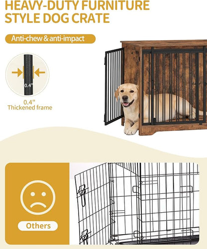 Hzuaneri 43.3" Dog Crate Furniture with Barn Door, Heavy Duty Dog Kennel Indoor with 2 Doors, Wooden Pet Cage End Table for Large Small Medium Dogs, Anti-Chew Anti-Escape, Rustic Brown DFC92301B