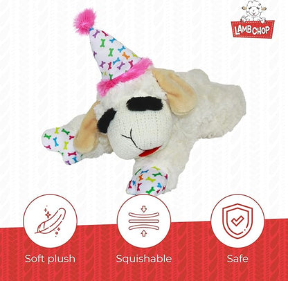 Multipet Lamb Chop Dog Plush Toy w/Birthday Hat - Squeaky Toy for All Dogs - Soft Plush - Stuffed Animal Dog Toys for Playing - Cute Birthday Toy (10.5”, Pink Hat, 5 Squeakers)
