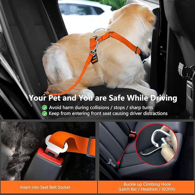 VavoPaw Dog Seat Belt, Safety Vest Dog Car Harness with Adjustable Buckle Dog Seat Belt for Vehicle Nylon Pet Safety Seat Belts Heavy Duty(L, Orange)