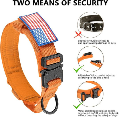 DAGANXI Tactical Dog Collar, Adjustable Military Training Nylon Dog Collar with Control Handle and Heavy Metal Buckle for Medium and Large Dogs, with Patches and Airtags Case (Orange, L)