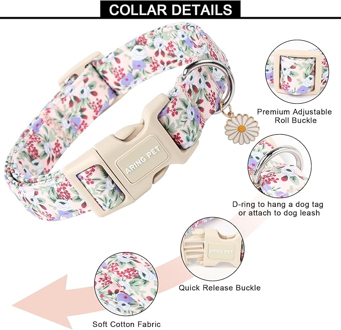 ARING PET Floral Dog Collar, Cute Purple Flower Spring Summer Pet Collars with Quick Release Buckle for Puppy Small Medium Large Boy Girl Dogs-S
