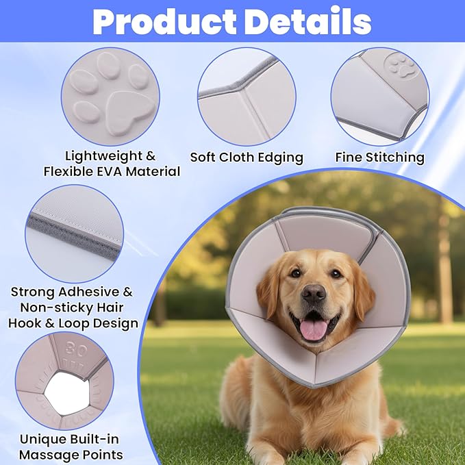 Soft Dog Cone Collar with Massage Points, Adjustable Recovery Collar for Large Dogs After Surgery to Stop Licking, Soothing Pet Cone for Wound Healing (Gray)