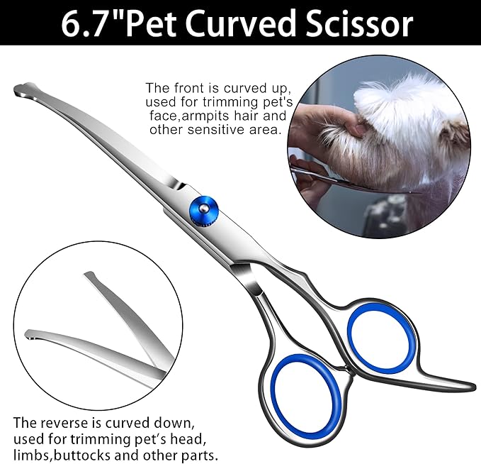 Dog Grooming Scissors with Safety Round Tip,Pet Grooming scissors Kit,Dog Shears for Grooming,Incude Thinning,Curved Grooming Scissors and Comb for dogs, cats.Suitable for The Right Hand