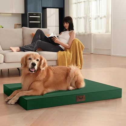 Outdoor Extra Large Dog Bed, Jumbo Waterproof Dog Bed for Large Dogs, Orthopedic Egg Crate Foam Pet Mat with Removable Oxford Cooling Cover, Dark Green