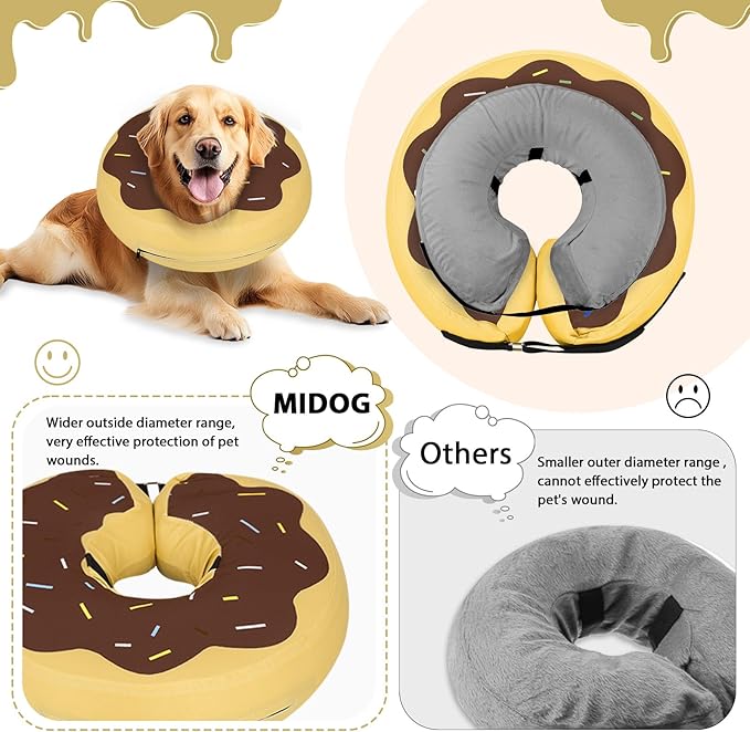MIDOG Soft Inflatable Dog Cone, Donut E-Collar Alternative for After Surgery, Prevents Licking, Allowing Normal Eating & Vision, Comfortable Recovery Collar for Small Medium Large Dogs & Cats,Brown-L
