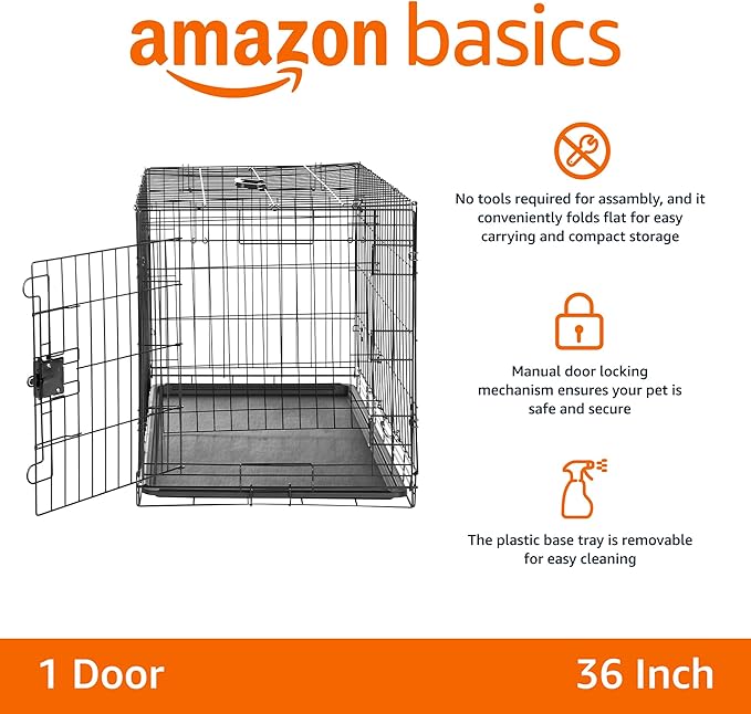 Amazon Basics Portable Metal Wire Dog Crate with Removable Tray, Single Door with Divider Panel, Foldable, Collapsible, Easy to Assemble & Clean, 36" x 23" x 25", Black