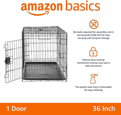 Amazon Basics Portable Metal Wire Dog Crate with Removable Tray, Single Door with Divider Panel, Foldable, Collapsible, Easy to Assemble & Clean, 36" x 23" x 25", Black