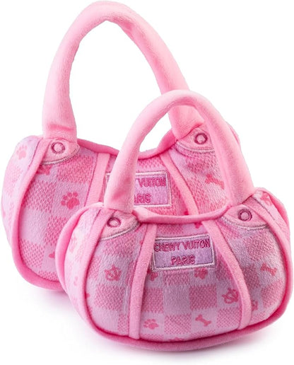 Haute Diggity Dog Chewy Vuiton Handbag Plush Squeaky Dog Toy, Soft Durable Designer-Inspired Stuffed Puppy Chew Toys for Small & Medium Dogs, Machine-Washable (Pink Checker) Small