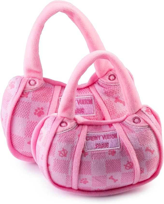 Haute Diggity Dog Chewy Vuiton Handbag Plush Squeaky Dog Toy, Soft Durable Designer-Inspired Stuffed Puppy Chew Toys for Small & Medium Dogs, Machine-Washable (Pink Checker) Large