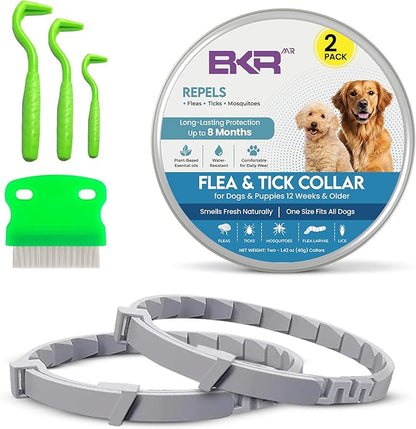 Dog Flea and Tick Collar (2 Pack) – Natural Waterproof Flea Collar for Dogs & Puppies with 8 Month Protection Adjustable Dog Flea Collar Includes Tick Removal Tools & Flea Comb