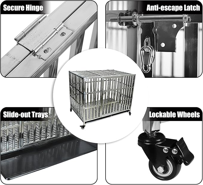Confote 37/47 Inch Heavy Duty Dog Crate Metal Cage Kennel, High Anxiety Pet Cage with Lockable Wheels & Double Doors for Small Medium Large Dogs (SS-42)