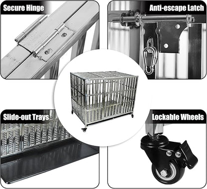 Confote 37/47 Inch Heavy Duty Dog Crate Metal Cage Kennel, High Anxiety Pet Cage with Lockable Wheels & Double Doors for Small Medium Large Dogs (SS-42)