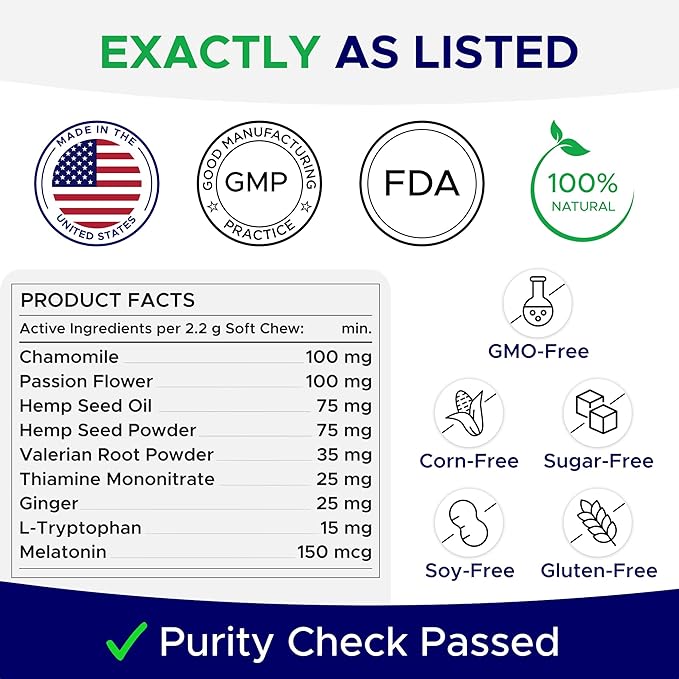 Advanced Calming Chews for Dogs - Hemp Treat + Melatonin + Valerian - Relaxing Bites - Calming Care - Stress Relief - Made in USA - Calm, Sleep Aid, Storms - 60Ct