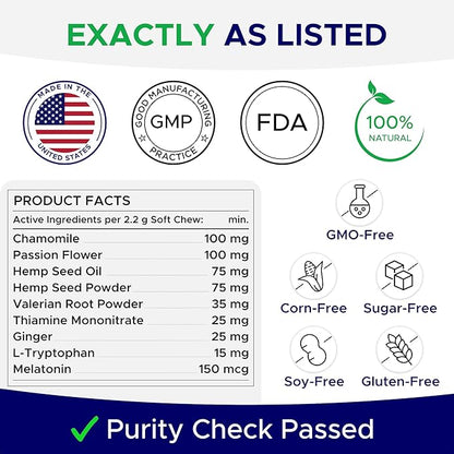 Advanced Calming Chews for Dogs - Hemp Treat + Melatonin + Valerian - Relaxing Bites - Calming Care - Stress Relief - Made in USA - Calm, Sleep Aid, Storms - 60Ct