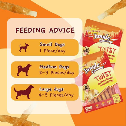 Jungle Calling Rawhide Free Dog Chews, Chicken Wrapped Cod Sticks Dog Treats, Soft Chewy Training Treats for Small Medium Dogs, 10.6 oz