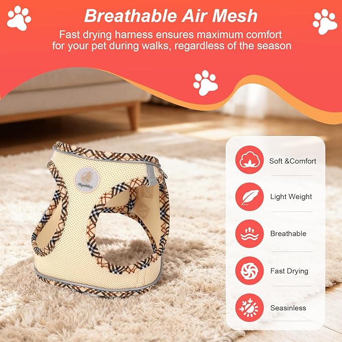 Hipubby Dog Harness Small Sized and Leash Set, No Pull Soft Mesh Puppy Vest, Reflective Breathable Lightweight Pet Harness, Harness for Small Medium Dogs and Cats - Khaki/Tirm, XS
