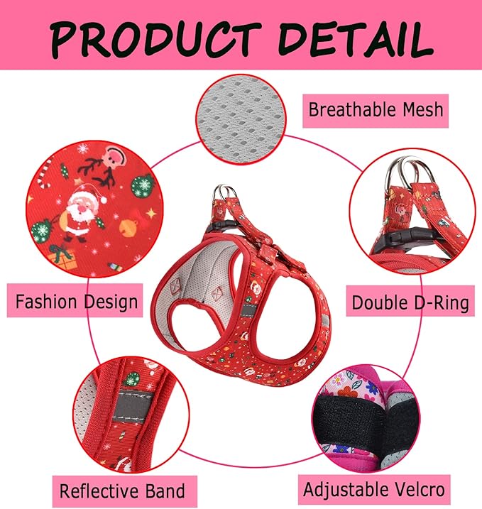 Moonpet Step in Christmas Xmas Day Dog Harness Leash Set- All Weather Reflective No-Pull Floral Pattern Padded Mesh Vest Harness for Cats Puppy Extra-Small Small Medium Large Dogs - S