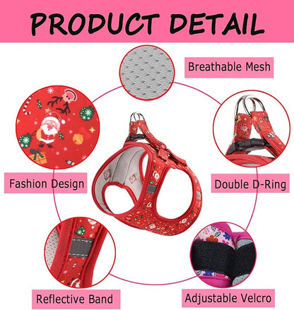 Moonpet Step in Christmas Xmas Day Dog Harness Leash Set- All Weather Reflective No-Pull Floral Pattern Padded Mesh Vest Harness for Cats Puppy Extra-Small Small Medium Large Dogs - XXS