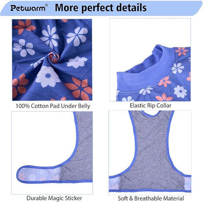 PetWarm Surgery Suit for Dogs Female, Bodysuit for Abdominal Affected Areas Sensitive Skin Areas, Dog Abdominal Affected Areas Bandages Substitute E-Collar and Cone, Flower Pattern, Blue, XL