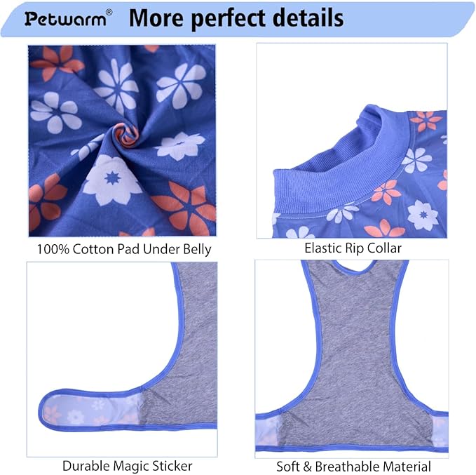 PetWarm Dog Surgical Recovery Suit Male, Dog Bodysuit for Sensitive Skin Areas, Surgical Suit for Dogs Abdominal Affected Areas Bandages, Substitute E-Collar and Cone, Flower Pattern, Blue, XS