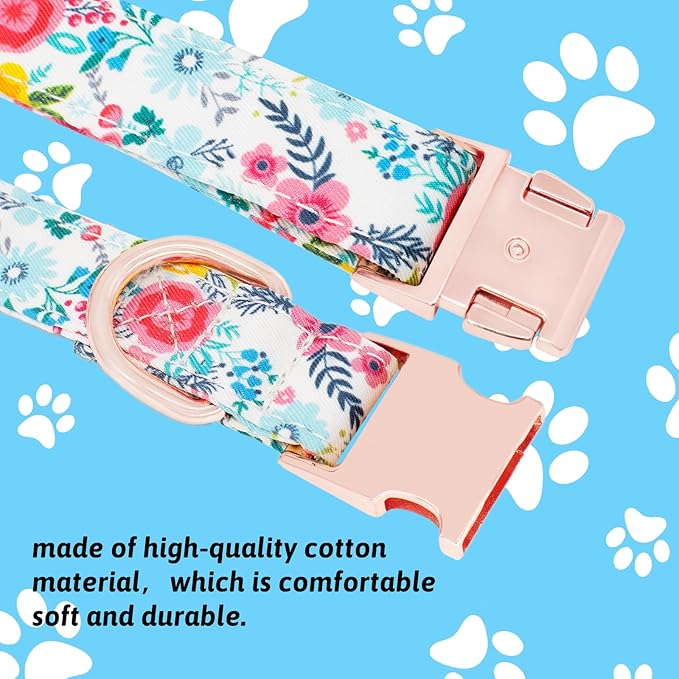 Dog Collar and Leash Set Girls Adjustable Puppy Collars with Floral Bow Tie for Small Medium Large Female Dogs, Teal Flower, S