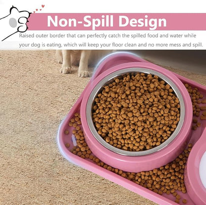 Dog Bowls, Non-Slip Puppy Cat Food and Water Bowl Set with Water Dispenser and Stainless Steel Bowl Detachable Gravity Pet Feeder and Waterer Set for Cats Dogs Puppy Rabbit (Blue, 500ML)