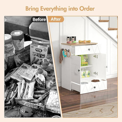 Pet Feeding Station with Storage, Raised Dog Bowls, Pet Feeder Cabinet, with Adjustable Shelves, Rolling Drawer, Hooks, for Feeding & Watering Supplies (Light)