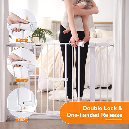 FURTIME 29"-41" Baby Gate with Cat Door Adjustable, Auto Close Dog Gate for Stairs,Doorways and House, Metal Pet Door Pressure Mounted,Easy Install, Effortless Walk Thru, White